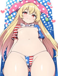 clownpiece purple_hat blonde_hair blonde_female blonde blonde-haired_female blonde_hair_female red_eyes light_skin light-skinned_female american_flag long_hair rizento touhou touhou_project tagme 1girls 1girl 1female simple_background image