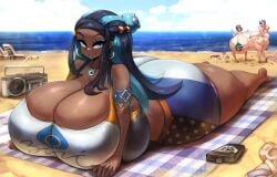 3girls alternate_breast_size ass ass_bigger_than_head ass_bigger_than_torso beach big_ass big_breasts big_thighs bikini bikini_bottom bikini_top black_hair blue_eyes blue_hair blush_lines breasts breasts_bigger_than_head breasts_bigger_than_torso cleavage dark-skinned_female dark_skin earrings enormous_ass enormous_breasts eyebrows eyebrows_visible_through_hair eyelashes eyeshadow female female_focus female_only gigantic_breasts gipehtyboon gloria_(pokemon) huge_ass huge_breasts huge_thighs hyper_breasts large_ass large_thighs light-skinned_female light_skin looking_at_viewer lying lying_on_stomach massive_ass massive_breasts necklace nessa_(pokemon) outdoors pokemon pokemon_ss skindentation smile sonia_(pokemon) swim_trunks swimsuit swimwear thick_thighs thighs thighs_bigger_than_head thighs_bigger_than_torso two-tone_hair yboon