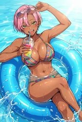1girls ai_assisted ai_generated bikini brown_skin bvby363 drink_in_hand earrings gyaru gyaru_gal highres original original_character pink_hair pool pool_float random_(bvby363) relaxing summer sunglasses tagme tong tongue_piercing tounge_out water