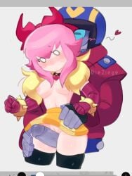 1boy1girl art_program_in_frame black_thighhighs blushing blushing_female blushing_male bracelet brawl_stars choker di3ziege elbow_gloves fur_coat hairbow hand_on_hip hand_on_thigh heart_choker heart_symbol helmet human_on_robot male/female melodie_(brawl_stars) no_mouth no_nose no_panties no_shirt pink_hair robot_boy skirt small_breasts spiked_bracelet stu_(brawl_stars) thigh_sex thighhighs thin_waist white_background