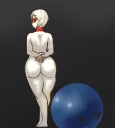 1girls arms_behind_back ass bowling_ball bowling_pin dddoodles eyelashes fuckable_pin horny_blue_bowlingball humanized looking_back meme meme_reference short_hair simple_background white_body white_hair white_skin wyer_bowling_(meme)