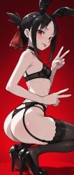 brokewyt ai_generated kaguya-sama_wa_kokurasetai_~tensai-tachi_no_renai_zunousen~ shinomiya_kaguya 1girl solo breasts looking_at_viewer blush smile bangs black_hair red_eyes thighhighs ribbon animal_ears bare_shoulders underwear panties hair_ribbon ass sidelocks thighs hairband small_breasts choker tongue black_thighhighs tongue_out black_footwear bra rabbit_ears high_heels from_side red_ribbon gradient parted_bangs black_panties bare_arms gradient_background v fake_animal_ears black_choker squatting underwear_only lingerie black_bra lace_trim red_background :p garter_belt thong folded_ponytail lace-trimmed_legwear