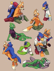 2017 4_toes 5_fingers amphibian anthro avian biped bird blue_body blue_clothing blue_feathers blue_hat blue_headwear blush bottomwear briefs canid canine canis chameleon claws clothed clothing cuddling digital_media_(artwork) dipstick_tail duo embarrassed eyes_closed falco_lombardi feathers feet fingerless_gloves fingers flookz fox fox_mccloud frog fur genitals gloves green_body green_bottomwear green_clothing green_pants grey_body grey_fur half-erect handwear hat headgear headwear hi_res hindpaw leon_powalski lizard male male/male mammal markings multicolored_body multicolored_fur multiple_images nintendo nude orange_body orange_fur pants pawpads paws penis red_body red_briefs red_clothing red_feathers red_underwear reptile scalie sex simple_background slippy_toad slippy_toed smile solo star_fox tail tail_markings toe_claws toes topless underwear white_body white_fur wolf wolf_o'donnell