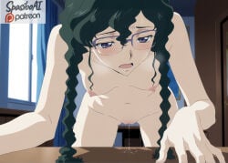 1girl ai_generated bent_over black_hair blue_eyes blush braid breasts breath code_geass completely_nude crotch_rub curtains desk drooling female_masturbation glasses green_hair hair_between_eyes hair_over_shoulder hanging_breasts indoors leaning_forward long_hair looking_down lower_teeth_only masturbation navel nina_einstein nipples nude open_mouth over-rim_eyewear purple_eyes pussy pussy_juice pussy_juice_trail saliva semi-rimless_eyewear small_breasts solo spasibo15 sweat table table_humping thigh_gap twin_braids uncensored very_long_hair window