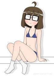 1girl 1girls ahoge alternate_version_available bikini bikini_bottom bikini_only bikini_top breasts brown_hair brunette brunette-haired_female brunette_female brunette_hair ethicalgooner2007_(kryptraider) female female_focus female_only flat_chest flat_chested glasses legs_crossed nerd nerdy nerdy_female pale pale-skin pale-skinned_female pale_skin pale_skinned_female risingstar80980 short_hair sitting small_breasts socks solo solo_female solo_focus square_glasses tagme