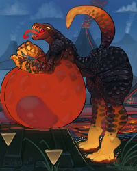 2025 anthro areola big_breasts biped breasts censored censored_feet censored_nipples cloud dated digital_media_(artwork) english_text female hi_res huge_breasts hyper hyper_breasts lava nipples nude open_mouth outside paws raised_tail scalie signature smoke snao solo tail text tongue tongue_out turok volcano
