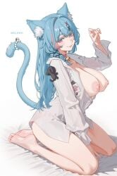 bell_collar big_breasts blue_hair busty busty_female cat_ears cat_girl cat_tail curvy curvy_female feet juicy_lips kneeling legs long_hair melowh mint_(neverness_to_everness) neverness_to_everness open_jacket panties pink_nipples see-through_clothing soles thighs