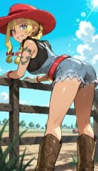 1girls ai_generated ass bent_over black_shirt blonde_hair blue_eyes blue_sky boots bow braid breasts brokewyt brown_footwear cloud day denim denim_shorts fence from_behind gloves grass grin hair_bow hat kitt_(pokemon) kneepits leaning_forward long_hair looking_at_viewer looking_back outdoors overalls pokemon pokemon_champions red_headwear rucola_(pokemon) shorts sky smile solo sun tattoo twin_braids white_gloves wooden_fence