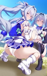 jirusu goddess_of_victory:_nikke gretel_(nikke) hansel_(nikke) very_high_resolution outdoors sky clear_sky ground grass flower day daytime mountain blurry_background 2girls female female_only female_focus blue_hair double-parted_bangs very_long_hair twintails hair_ornament ears sidelocks blue_eyes twins large_breasts frilled_hairband hair_intakes breasts maid clothing_cutout long_sleeves frilled_sleeves looking_at_viewer looking_back hands_on_knees squatting back back_view backsack backless_outfit teddy_bear skirt miniskirt bowtie long_gloves white_gloves hand_on_chest heels high_heel_boots black_boots thigh_boots white_boots ass ass_focus smile panties white_panties cameltoe