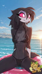 vivienne_medrano vivziepop octavia_(helluva_boss) helluva_boss ai_generated solo solo_female anthro avian demon talons beak princess goth ocean bikini cameltoe