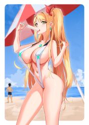 1boy 1girls almost_naked alternate_costume alternate_hairstyle ass beach bikini blonde_hair breasts colored core_crystal core_crystal_(xenoblade) earrings gold_eyes i_am_anddo jewlery large_breasts monolith_soft mythra navel nintendo ocean ponytail popsicle rex_(xenoblade) sand side_ponytail sling_bikini swim_trunks tagme thighs topless_male umbrella water xenoblade_(series) xenoblade_chronicles_2