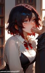 1boy 1girl ai_generated arlequin097 black_hair blue_eyes blush bookshelf bow bowtie breasts clothed_sex collared_shirt dark-skinned_male duo earrings erection fellatio female grey_eyes hair_between_eyes hetero indoors jewelry library long_sleeves looking_up male medium_breasts multicolored_hair oral patreon_username penis red_bow red_bowtie red_hair ruby_rose rwby saliva shirt short_hair solo_focus two-tone_hair uncensored white_shirt