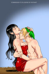 1boy 1girls black_hair breasts cfnm clothed_female_nude_male hat_only healer_(the_adventure_of_link) kissing_neck link naked naked_male nintendo nude nude_male only_one_naked r3ydart red_dress the_legend_of_zelda zelda_ii:_the_adventure_of_link