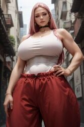 ai_generated big_breasts bracelet choker city earrings hand_on_hip jujutsu_kaisen leotard long_hair outdoors pink_hair red_pants thick_thighs uro_takako