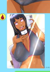 areolae black_hair breasts busty cameltoe censored curvy dark-skinned_female dark_skin erect_nipples female huge_breasts human hyuuga_hinata hyuuga_hinata_(naruto:_road_to_ninja) japanese_text naruto:_road_to_ninja puffy_nipples pussy smile sunahara_wataru text translated