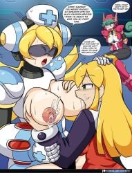 3girls big_breasts blonde_hair blue_eyes blush breasts_out_of_clothes breasts_sucking cinnamon_gaudille comic green_eyes green_hair long_hair marino mega_man mega_man(classic) mega_man_x mega_man_x_dive milking_breasts naked_breasts robot_girl roll sucking_big_breast text text_bubble vcampan