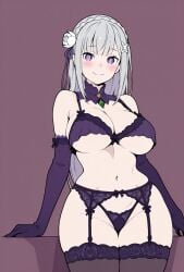 1girls ai_generated big_breasts blush breasts emilia_(re:zero) female flat_colors lingerie purple_eyes silver_hair xenoz1