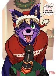 anthro blonde_hair canid canine canis cheek_tuft christmas christmas_clothing christmas_headwear christmas_sweater christmas_topwear clothing dialogue dick_in_a_box domestic_dog ear_piercing ear_ring english_text facial_tuft first_person_view fur genital_piercing genitals gold_(metal) gold_cock_ring gold_jewelry hair hat headgear headwear hi_res holidays jewelry male mammal murid murine one_eye_closed open_mouth open_smile penis penis_piercing philomaeus piercing prince_albert_piercing purple_body purple_fur rat ring_piercing rodent ryuzaki_(ryuzakitheumbreon) santa_hat smile solo_focus speech_bubble sweater text tongue tongue_out topwear tuft wide_eyed yuguni