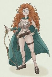 belt bow brave casual cloak clothing curly_hair disney female footwear ginger ginger_hair human merida mesh_top pale_skin partially_clothed posed shoes weapon