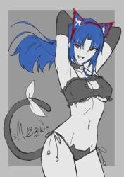 arms_behind_head axia-chan big_breasts blue_hair boob_window cat_ears cat_girl cat_tail catgirl ciel_(tsukihime) cleavage elesia_(tsukihime) enormous_breasts fangs hips huge_breasts large_breasts lingerie long_hair michael_roa_valdamjong navel one_eye_closed pose possessed possession red_eyes sketch swaying swaying_hips thick_thighs thighs tsukihime vampire vampire_girl wide_hips