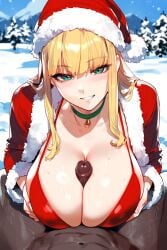 1boy 1girls ai_generated between_breasts bimbo blonde_hair christmas dark-skinned_male huge_breasts interracial large_penis noirprincess paizuri princess_anastasia santa_costume snow titjob