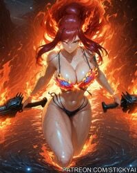 1girls ai_generated anime bikini breasts erza_scarlet fairy_tail fit flame large_breasts nsfw red_hair weapon