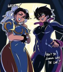 black_hair breasts chun-li_(cosplay) hair_buns juri_han_(cosplay) large_breasts reiko_(tinafate) reimi_(tinafate) short_hair smile the_dragon_tamer thick_thighs thighs tinafate1