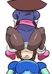 1boy 1girls ass colorized huge_ass jacket leotard mega_man mega_man_legends mega_man_volnutt pantyhose pink_shirt purple_jacket shirt sitting sitting_on_face sitting_on_person thighs third-party_edit tron_bonne