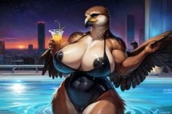 ai_generated alcoholic_drink anthro black_nipples falcon female happy huge_breasts margarita nipples_visible_through_bikini pool smile swimsuit