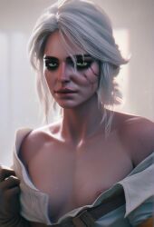 ai_generated ciri clothed_female clothing green_eyes looking_at_viewer nipple_slip nsfwaibs removing_clothing removing_shirt soft_lighting solo_female the_witcher_(series) the_witcher_3:_wild_hunt visible_nipples white_hair