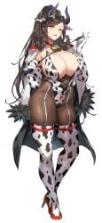 absurdres animal_print black_hair black_pantyhose blush breasts bunnystein_fantasy cleavage closed_mouth cow_print elbow_gloves female full_body gan_(shanimuni) gloves high_heels highleg highleg_leotard highres holding large_breasts leotard looking_at_viewer mole mole_on_breast mole_under_eye pantyhose ponytail sideboob simple_background smile sweat thighhighs thighs tomeko_(bunnystein_fantasy) white_background