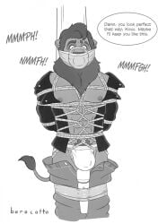 2021 anthro anthrofied barocatto bondage bottomwear bottomwear_down bound bulge clothed clothing dialogue digital_media_(artwork) disney duct_tape english_text facial_scar felid feline gag gagged hi_res hitachi_magic_wand jacket jockstrap kerchief kovu_(the_lion_king) leather leather_clothing leather_jacket leather_topwear lion male male_only mammal mane monochrome muffled muscular muscular_anthro muscular_male otm_gag pantherine pants pants_down partially_clothed pecs pole restraints rope rope_bondage rope_harness scar sex_toy solo struggling submissive submissive_male tape text the_lion_king the_lion_king_ii:_simba's_pride topwear underwear vibrator wand_vibrator