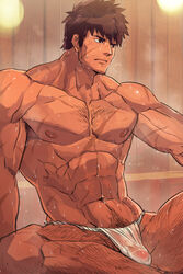 1boy abs bara body_hair brown_hair male male_only muscle muscles nikism pecs scar solo tagme topless underwear