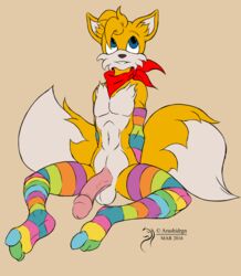 1boy 2016 anthro arashidrgn blue_eyes canine clothing crossdressing crossdressing_male erection femboy fox fur furry furry_only hi_res legwear male male_anthro male_only mammal nude penis rainbow_legwear rainbow_socks simple_background solo sonic_(series) tail tails testicles trap white_fur yellow_fur