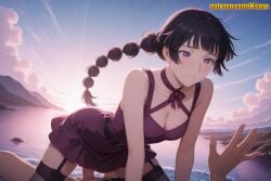 1boy 1girl ai_generated all_fours beach belt black_hair black_thighhighs blush braid braided_ponytail breasts choker cleavage cloud cloudy_sky collarbone day dress garter_straps girl_on_top hetero jujutsu_kaisen long_hair medium_breasts mountain neck_ribbon nivora ocean outdoors parted_lips penis purple_dress purple_eyes remi_(jujutsu_kaisen) ribbon scenery sex sky sleeveless sleeveless_dress smile solo_focus sunset thighhighs water