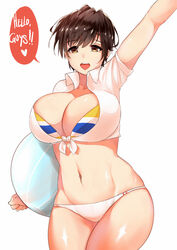 barely_contained bikini breasts brown_eyes brown_hair bursting_breasts busty cleavage cowboy_shot curvy female highres huge_breasts idolmaster idolmaster_cinderella_girls navel norman_maggot oikawa_shizuku open_mouth shiny shiny_skin short_hair simple_background smile solo standing striped striped_bikini swimsuit thighs tight_clothing very_short_hair white_background wide_hips