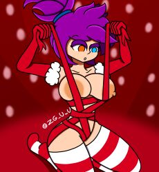 alice_(zg_uwu) almost_naked artist_name big_ass big_breasts big_butt christmas christmas_outfit elbow_gloves gloves heterochromia hi_res highres original_character ponytail purple_hair ribbon ribbon_bondage ribbons simple_background simple_shading thighhighs zg_uwu