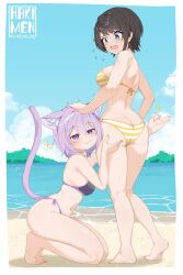 2girls ass ass_worship bare_legs bikini blush breasts butt_crack cat_ears cat_tail catgirl embarrassed grabbing grabbing_ass hakimen hololive hololive_gamers hololive_gen_2 hololive_japan legs looking_at_viewer nekomata_okayu oozora_subaru swimsuit thighs virtual_youtuber vtuber