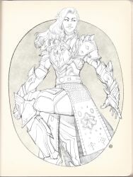 2024 absurd_res angua armor armored_boots armored_dress armored_female armored_gloves breastplate clothed clothed_female commission commissioner_upload female female_only full_armor fully_clothed gauntlets greaves guild_wars guild_wars_2 hair_ornament human human_female line_art long_hair long_hair_female looking_at_viewer monochrome nozdraws original_character pauldrons posing skirt solo solo_female