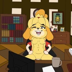 1:1 animal_crossing anthro canid canine canis chair domestic_dog duo female fur furniture genitals hi_res human human_on_anthro humanoid interspecies isabelle_(animal_crossing) lewdsharx male male/female mammal nintendo nipples office office_chair penis public public_nudity public_sex secretary sex shih_tzu toy_dog villager_(animal_crossing) yellow_body yellow_fur