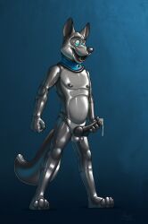 2017 4_toes 5_fingers agent_(artist) animal_genitalia animal_penis anthro balls black_nipples black_nose black_penis blue_background blue_eyes bodily_fluids built_in_sex_toy canid canine canine_genitalia canine_penis canis collar collar_only collar_ring dripping ejaculation erection feet fingers fist genital_fluids genitals glistening glistening_body glowing glowing_eyes gradient_background grey_body hand_on_penis hi_res knot latex latex_creature leaking_precum living_latex living_sex_doll male mammal masturbation nipples nude paws penile penile_masturbation penis penis_grab permanent_smile plantigrade precum precum_drip seam_(sewing) shaded signature simple_background smaller_version_at_source smile soft_shading solo standing tail tarreck_nightwind textured_background thick_collar toes toymaw wolf