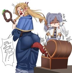 2girls ass blonde_hair delicious_in_dungeon dress elf female frieren frieren_beyond_journey's_end gamjasssak green_eyes licking licking_ass magic_staff marcille_donato mimic mimic_chest multiple_girls pointy_ears standing white_hair