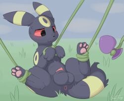 animal_genitalia anus balls black_body black_fur blush blush_lines bondage bondage bound buttplug eeveelution feral fur generation_2_pokemon genitals gooeythings grass hi_res male nintendo paws plant plug_(sex_toy) pokemon pokemon_(species) red_eyes sex_toy sheath solo umbreon vines