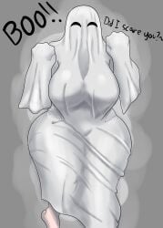 1girls big_ass big_breasts ghost_costume ghost_girl halloween looking_at_viewer solo solo_female text yiomo