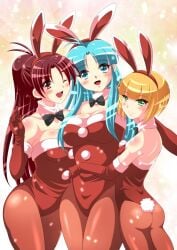 ass blonde_hair blue_eyes blue_hair blush bunny_costume bunny_ears_headband bunnysuit camelot dat_ass golden_sun green_eyes jenna jenna_(golden_sun) large_breasts leotard looking_at_viewer mia mia_(golden_sun) nintendo opera_gloves red_eyes red_hair santa_costume sesamin83 sheba sheba_(golden_sun) small_breasts smile snow