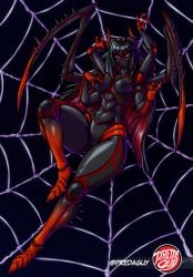 animal_humanoid anthro arachnid arachnid_humanoid arthropod arthropod_humanoid beckoning black_hair bottom_heavy breasts clothing curvy_figure female genitals gesture hair hair_dye hi_res horn hourglass_figure hourglass_figured_anthro hourglass_figured_female humanoid lingerie looking_at_viewer markings multi_eye multi_limb multicolored_body nipples non-mammal_breasts non-mammal_nipples nude nude_anthro nude_female predaguy pussy raptorial_(anatomy) red_hair red_markings rim_lighting small_waist solo spider spider_web spikes spikes_(anatomy) thick_thighs wide_hips