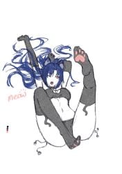 axia-chan blue_hair cat_ears cat_tail catgirl ciel_(tsukihime) elesia_(tsukihime) fangs leg_lift legs lingerie michael_roa_valdamjong one_eye_closed pose possessed possession red_eyes sketch stretching thick_thighs thighs tsukihime vampire vampire_girl wide_hips