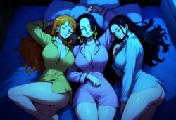 3girls ai_generated ass ass_out bed_covers bed_sheet big_ass big_breasts big_butt boa_hancock bubble_ass bubble_butt closed_eyes covers female female_only girls_only huge_ass huge_breasts large_breasts massive_breasts nami narrow_waist nico_robin no_bra no_panties on_back on_bed one_piece open_shirt pajama_pants pajamas self_upload sharing_bed shirt_open sleeping sleepover thick_thighs wide_hips yeetyboi5000 yuri