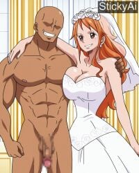 against_wall ai_generated arm_around_shoulders bath church dark-skinned_male female large_breasts large_penis male nami nami_(one_piece) nude_male one_piece orange_hair post-timeskip stickyai wedding_dress