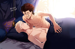 2boys bara bed blush fate/zero fate_(series) kayneth_archibald_el-melloi lancer_(fate/zero) male male_only multiple_boys muscle muscles tagme yaoi